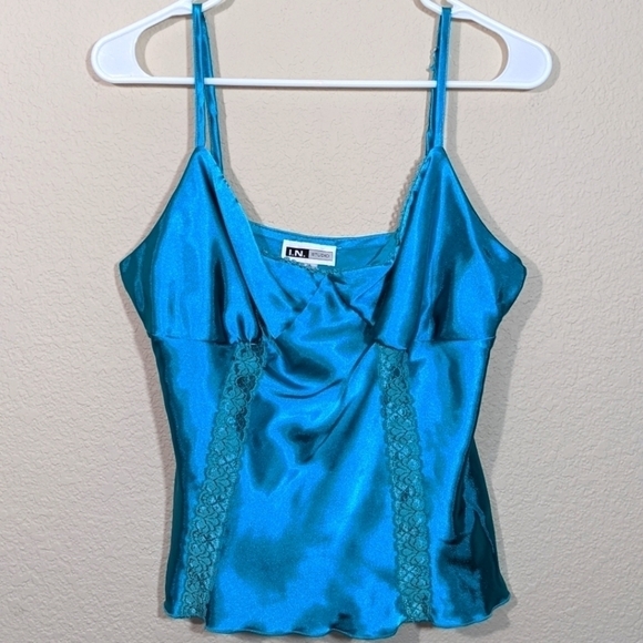 Silky Teal Satin & Lace Tank Top by I.N. Studio - Picture 1 of 3